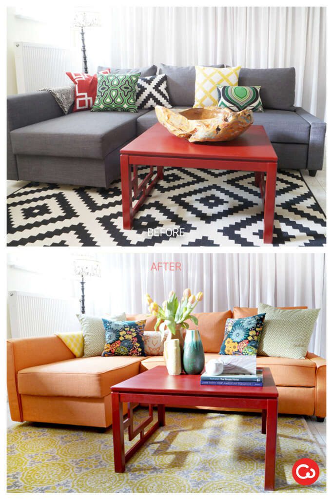Comfort Works Custom Friheten Slipcover Before & After in Kino Orange
